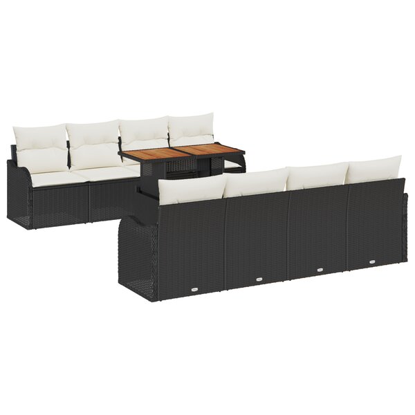 Ensemble de Canapés de Jardin 9 Pièces avec Coussins Noir en Rattan Poly