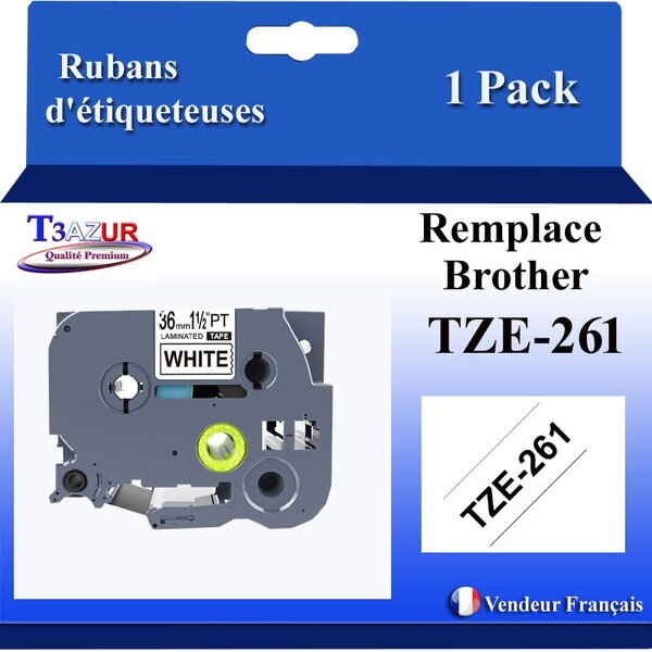 Ruban d'étiqueteuse compatible avec  Brother Tze261  Tze-261 pour étiqueteuses P-touch - Texte noir sur fond blanc - Largeur 36 mm x 8 mètres - T3AZUR