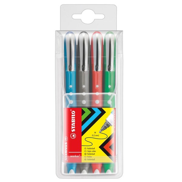 Etui de 4 Rollers WORKER Colorful Encre Liquide 100  Grip Tracé 0 5 mm x 5 STABILO