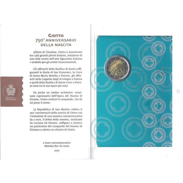 2 euros commémorative Saint Marin 2017 - Giotto en coffret BU.