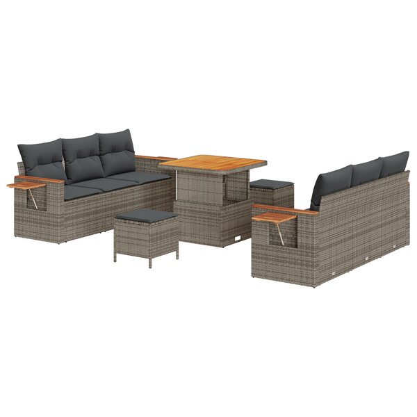 Ensemble de canapé de jardin 9 pièces avec coussins Rattan poly gris acacia