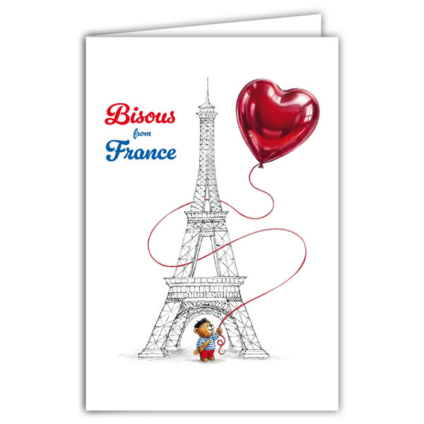69-4507 Carte Bisous from France Tour Eiffel Cœur Ours en Peluche français Marinière Béret Baguette de Pain Clichés élégance française Illustration - Avec Enveloppe 12x17cm - Fabrication française