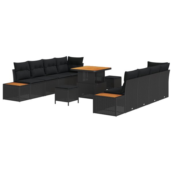 Ensemble de Canapé de Jardin 11 Pièces avec Coussins Noir Poly Rattan Acacia