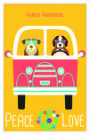 Carte Heureux Anniversaire avec Enveloppe - Mini Posters Format 17x11 5cm - Peace and Love Automobile - Voiture de Collection Chiens Lunettes Rétro Vintage - Fabriquée en France