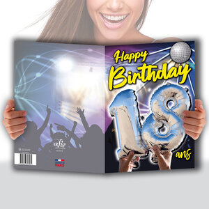 MAXI Grande Carte Géante XXL pour ANNIVERSAIRE 18 ANS Majorité Mixte H/F + Enveloppe format 32x23cm - Ballons Chiffres Nombre Argenté Fêter Musique Disco Boule à Facettes - Fabriqué en France MX-5018