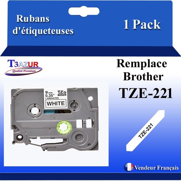 Ruban d'étiqueteuse compatible avec Brother Tze221  Tze-221 pour étiqueteuses P-touch - Texte noir sur fond blanc - Largeur 9 mm x 8 mètres - T3AZUR