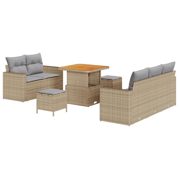 Ensemble de Canapé de Jardin de 8 Pièces avec Coussins Beige Rotin Poly Acacia