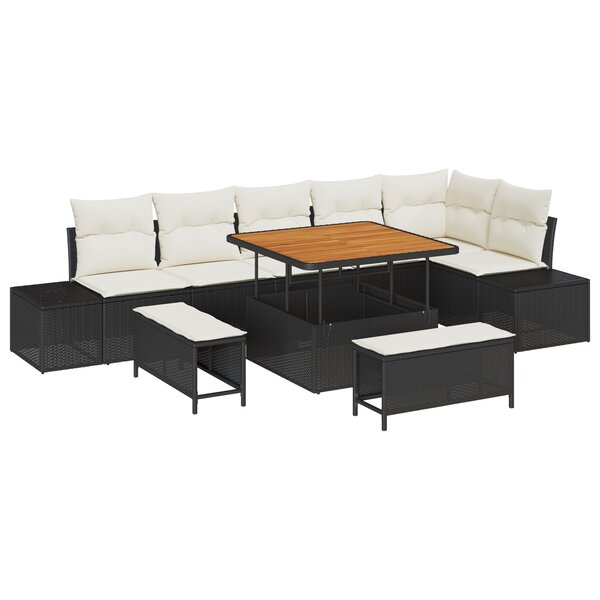 Ensemble de canapé de jardin 9 pièces avec coussins Noir Poly Rattan Acacia