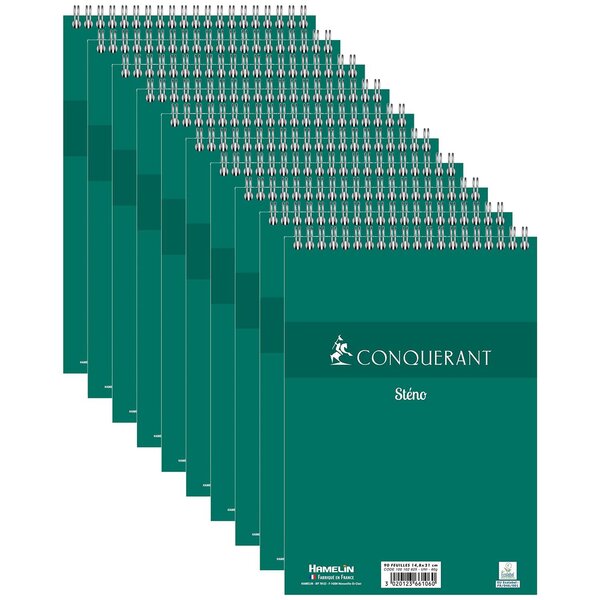 Bloc sténo spiralé 14 8 x 21 cm 180 pages 60g uni blanc x 10 CONQUÉRANT