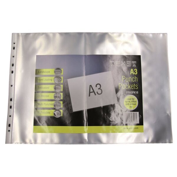 Sachet de 10 Chemise Pochette perforée A3 ouverture haut, épais 7.5/100 Lisse TEXET