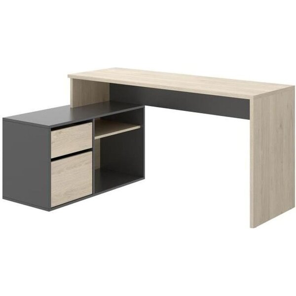 Bureau d'angle reversible 1 tiroir + 1 porte - chêne et gris - 139 x 92 x 75 cm