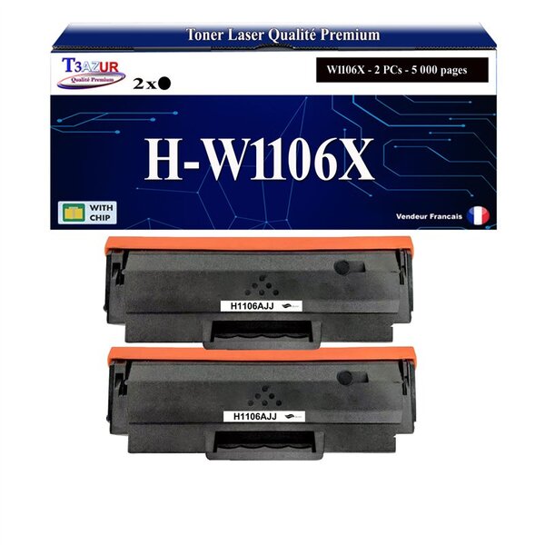 T3AZUR -2x Toners compatibles avec HP W1106X (106X) pour HP Laser 107a  107r  107w  Laser MFP 135ag  135wg  137fnw  137fwg