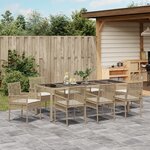 Ensemble de salle à manger de jardin 9 pièces avec coussins en poly rattan beige