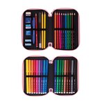 Trousse à crayons Milan Fun Animals à 2 niveaux avec 2 gommes  un taille-crayon  un crayon  un stylo capsule  une règle  12 crayons de couleur et 18 marqueurs - Bleu/Turquoise