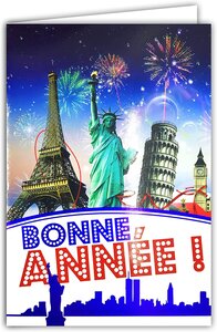 Carte bonne année meilleurs vœux feu d'artifice paillettes et enveloppe blanche