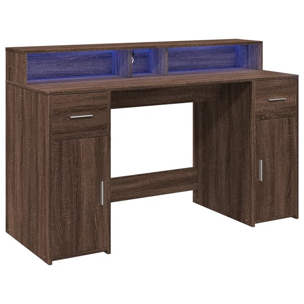 Bureau table poste de travail meuble d'ordinateur informatique étude et lumières LED chêne bois d'ingénierie brun 02_0023792