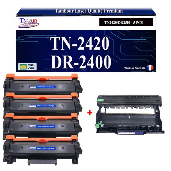 T3AZUR - Kit Tambour+ 4 Toners compatibles avec Brother TN2420 DR2400 pour Brother HL-L2375DW  HL-L2350DW  DCP-L2530DW  DCP-L2550DN  MFC-L2710DW  HL-L2310D  MFC-L2730DW  L2750DW - 3 000 pages