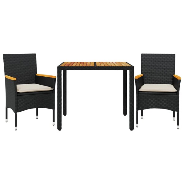 vidaXL Ensemble à manger de jardin et coussins 3 Pièces noir rotin acacia