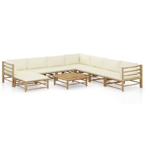Salon de jardin meuble d'extérieur ensemble de mobilier 9 pièces avec coussins blanc crème bambou 02_0017903