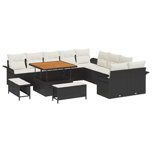 Ensemble de 13 pièces de canapés de jardin avec coussins noir rotin poly acacia