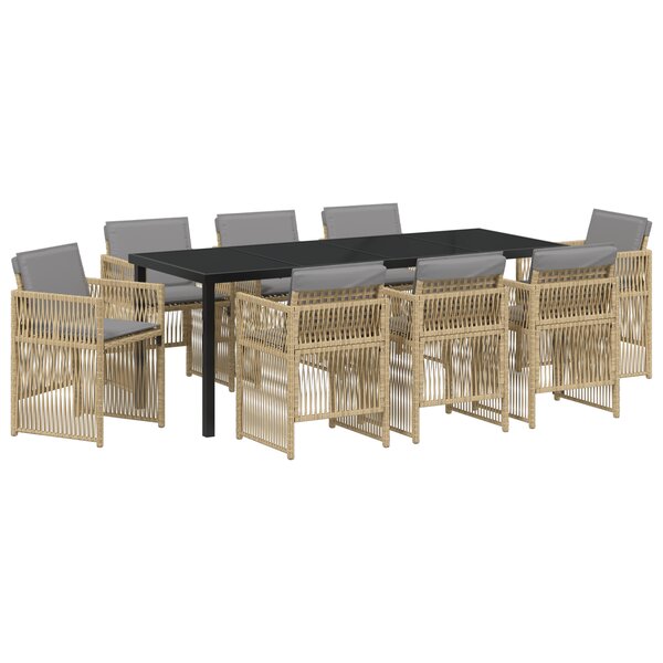 Ensemble de salle à manger de jardin 9 pièces vidaXL avec coussins Beige Poly Rotin