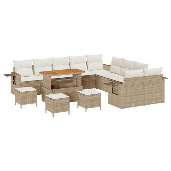 Ensemble de Canapé de Jardin Modular 14 Pièces avec Coussins Beige Rattan Poly Acacia