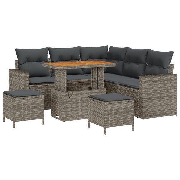 Set de 8 Pièces de Canapé de Jardin avec Coussins Gris Poly Rotin Acacia