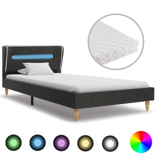 vidaXL Lit avec LED et matelas Gris foncé Jute 90 x 200 cm