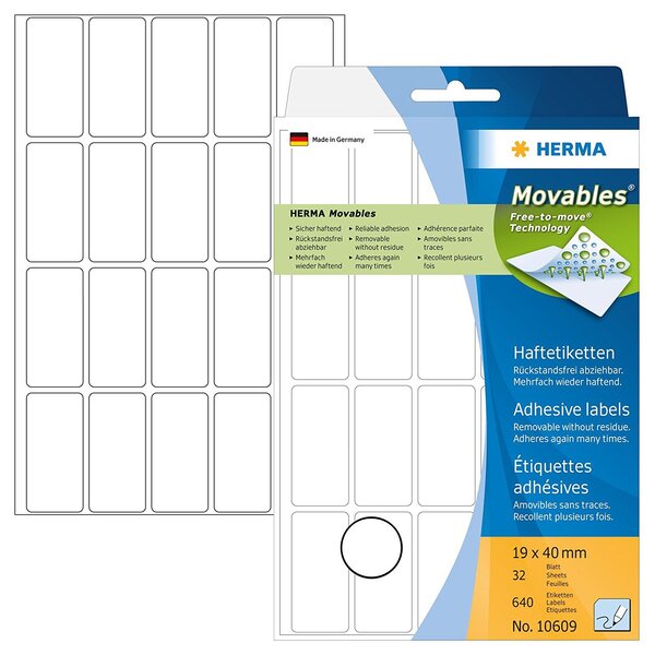 Etui 640 étiquettes 'movables' 19 x 40 mm manuelle, blanc, sur 32 feuilles herma