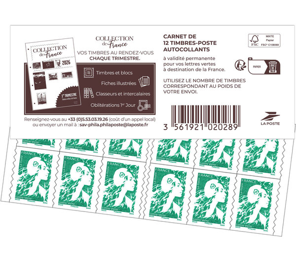 Carnet 12 timbres Marianne de l'avenir - Lettre Verte - Collection de France