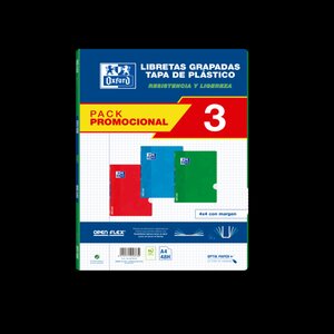 Oxford School Classic Pack 3 - Cahier agrafé Openflex - Couverture plastique A4 - 4x4 avec marge - 48 feuilles - 3 couleurs