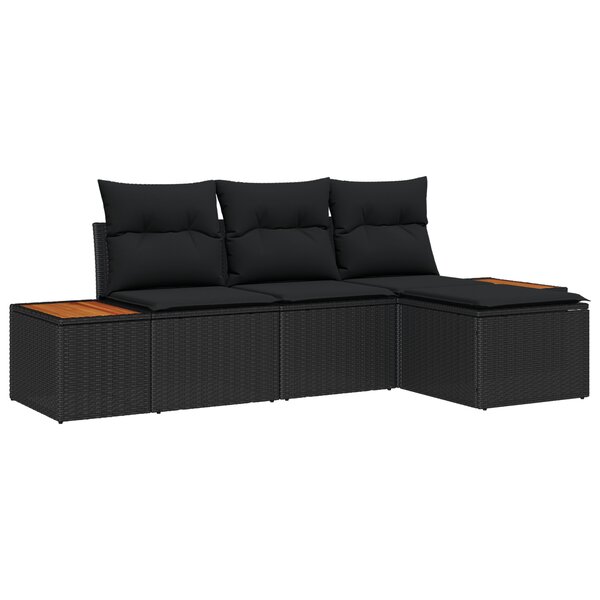 Canapé de jardin 4 pièces avec coussins noirs en rotin poly acacia