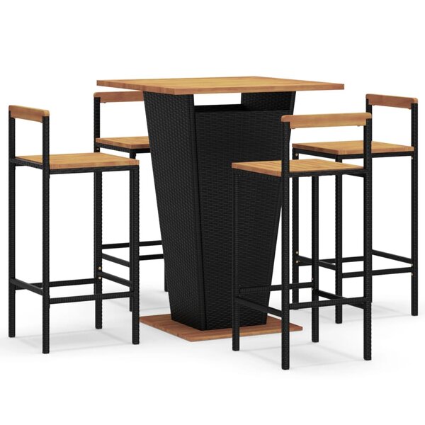 vidaXL Ensemble de bar jardin 5 Pièces noir poly rotin/bois massif acacia