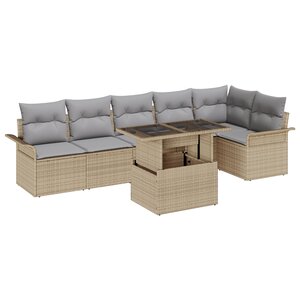 Ensemble de canapé de jardin 7 pièces avec coussins Beige Poly Rattan