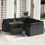 Ensemble de Canapé de Jardin 9 pièces avec Coussins Rattan Poly Noir Acacia