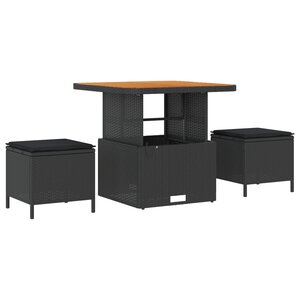 Ensemble de salle à manger de jardin 3 pièces avec coussins en poly rotin noir et acacia
