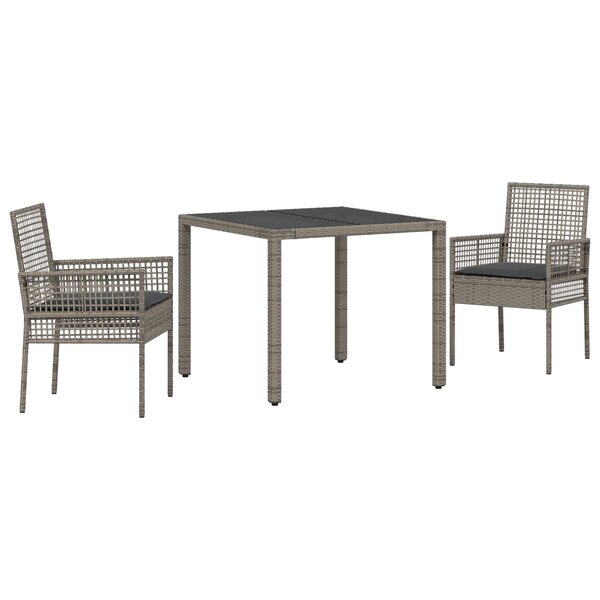Ensemble de salle à manger de jardin 3 pièces avec coussins gris en poly rotin