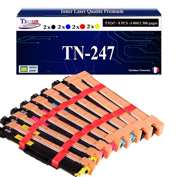 T3AZUR - 8 Toners compatibles avec TN247 pour Brother MFC-L3750CDW  MFC-L3770CDW Noire - 3 000 pages - T3AZUR