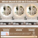 Miroir mural led 60 cm miroir rond avec luminosité réglable en continu 3 températures de couleur fonction anti-buée&mémoire miroir argent 20_0009774
