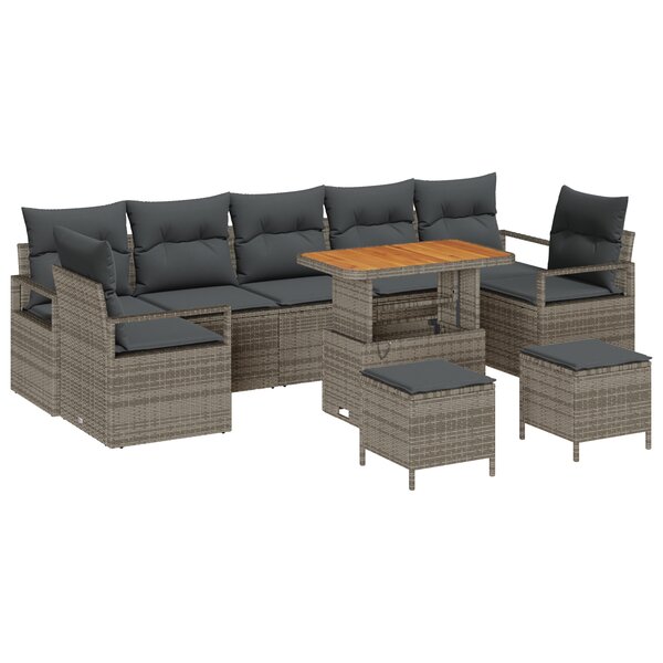 vidaXL Ensemble Canapé Jardin 10 Pièces avec Coussins Gris Poly Rattan Acacia