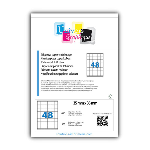 Lot de 10 planches a4 de 48 étiquettes à bords vifs 35 x 35 mm en papier blanc 70g/m² multifonction