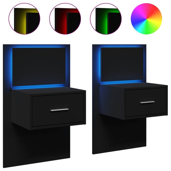vidaXL Tables de chevet murales avec lumières LED 2 Pièces noir
