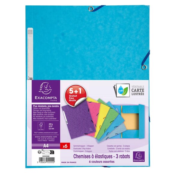 Lot De 5+1 Chemises En Carte Lustrée 400g/m2 - A4 - Couleurs Assorties - X 8 - Exacompta