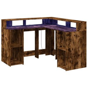 Bureau table poste de travail meuble d'ordinateur informatique étude et lumières LED chêne fumé 130 x 130 x 91cm bois ingénierie brun 02_0023783