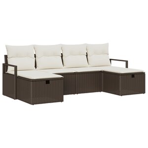 Ensemble de canapé de jardin de 6 pièces avec coussins marron en poly rattan