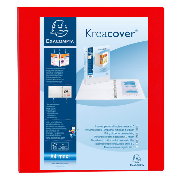 Classeur personnalisable Kreacover A4 Maxi 4 Ax Diam 40mm Dos 60 mm Rouge EXACOMPTA