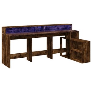 Bureau table poste de travail meuble d'ordinateur informatique étude et lumières LED chêne fumé 200 x 104 x 91cm bois ingénierie brun 02_0023787
