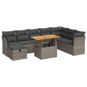 vidaXL Salon de jardin avec coussins 9 Pièces gris résine tressée acacia