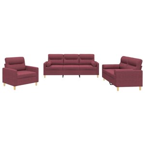 vidaXL Ensemble de canapés 3 Pièces avec coussins rouge bordeaux tissu