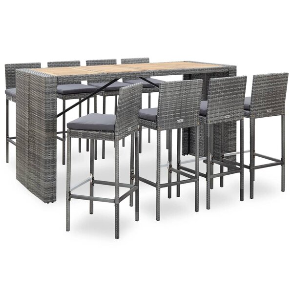 vidaXL Ensemble de bar d'extérieur 9 Pièces poly rotin bois d'acacia Gris